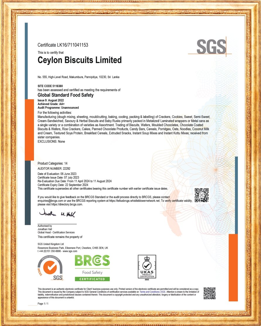 CBL Munchee achieves coveted recognition as the first South Asian Biscuit Manufacturer with BRC AA+ Certification