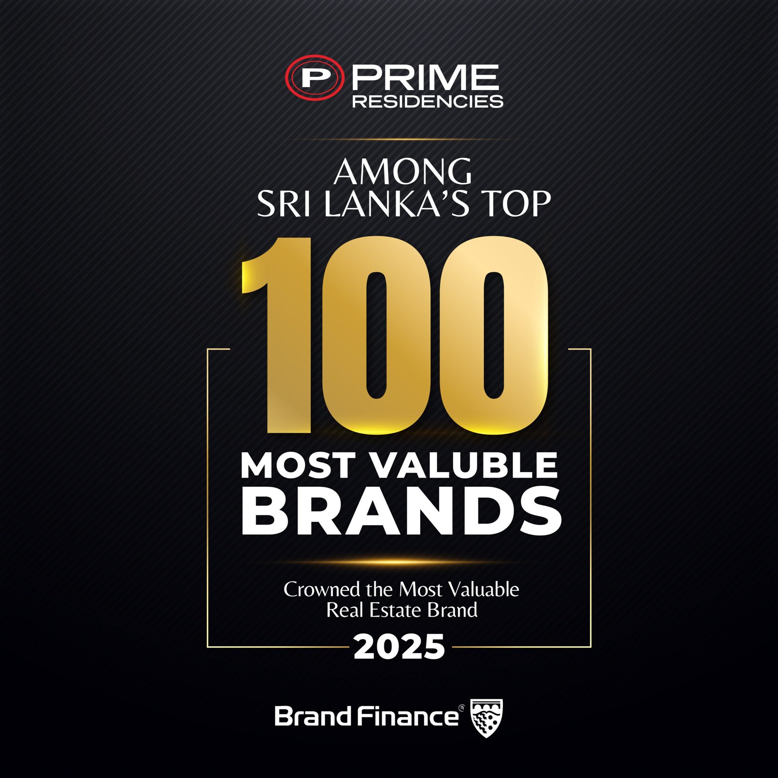 ප්‍රයිම් රෙසිඩන්සීස් සමාගම 2025 වසරේ ශ්‍රී ලංකාවේ වටිනාම සන්නාම 100 අතරට එක් වූ එකම දේපළ වෙළඳාම් සන්නාමය බවට පත් වෙයි 